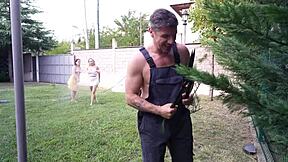 hey, a daring gardener pesters house owner's daughters with outdoor blowjob and doggystyle