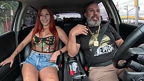 hot redhead takes ride and gives bareback ass to ted on street - carla santos