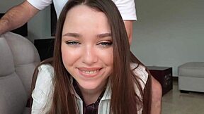 stunning blue eyed brunette babe takes it bent over in amateur pov with cumshot on her gaping ass and pussy