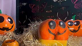 hey there, this teen's out in the pumpkin patch getting a wild double creampie from that big cock during halloween sex...