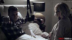 Blonde milf stepmom gives teen stepson blowjob and handjob in taboo hardcore session.