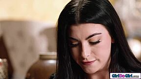 petite brunette seduces her big tit latina lesbian milf boss