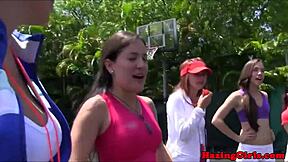 Hazing Babes Suggestively Lick Pussy On Outdoor Tennis Court In Sorority Ritual