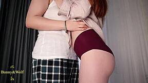 Brunette teen bends over for rough doggystyle fucking from redhead lesbian with wet pussy fingering and moaning