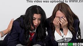 step parents team up for a wild foursome, fucking their step daughters hard. the brunette teens take turns licking and riding in taboo group action.