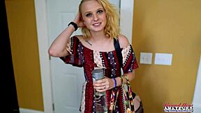 Why does petite blonde Bonnie Wolf swallow cum after getting her shaved pussy banged?