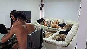 My stepmother fingers her pussy while stepsister focuses on homework