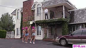 Three busty teens get wet pussies fucked in 4some group sex with big cock blowjob deepthroat handjob and muff diving.