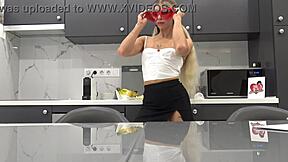 Hey hot tattooed blonde with long hair, why are you taking off your panties in the kitchen to show that meaty pussy and sexy ass?