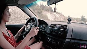 Long haired brunette teen gives blowjob and fucks doggystyle in forest for drivers license.