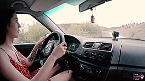 Long haired brunette teen gives blowjob and fucks doggystyle in forest for drivers license.