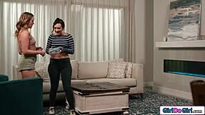 Petite milf with small tits footfucks her blonde neighbor's hairy pussy. They kiss and lick in intense lesbian session.