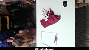 Security guard catches teen attempting to shoplift in garage, leading to bent over doggystyle punishment with cowgirl riding.