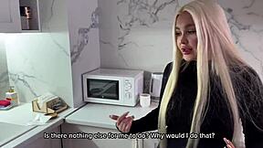 Sexy blonde in black stockings rides and fucks amateur Russian couple hard