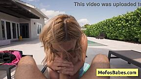 Busty blonde teen Lindsey Lakes licks balls and fucks huge dick by pool with wet orgasm