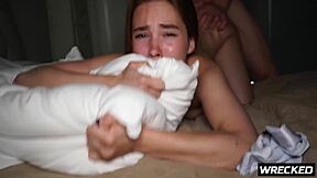 Redhead teen handles rough domination from two guys in homemade clip