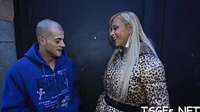 Chap with the biggest boner shoves his love tool into a shemale's ass for an anal creampie.