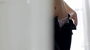 eager russian teen shows off tight trimmed pussy in jeans