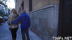 Chap with the biggest boner shoves his love tool into a shemale's ass for an anal creampie.