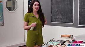 Stepmom licks stepdaughter pussy under table with fingering