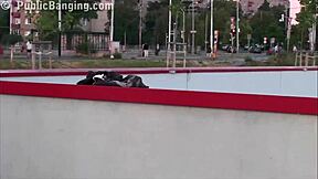 Incredible extreme public sex with cute blonde teen 18+ in threesome gangbang orgy on the street