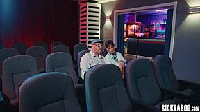 Cinema time contrasts with teen 18+ Athena Faris moaning during movie while riding boyfriend's cock