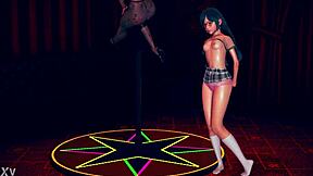 Suggestive busty step mom in pantyhose teases shy teen daughter with striptease at work in 3D cartoon