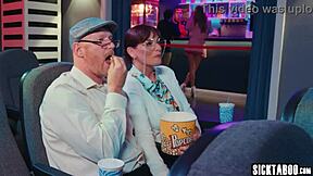 Cinema time contrasts with teen 18+ Athena Faris moaning during movie while riding boyfriend's cock