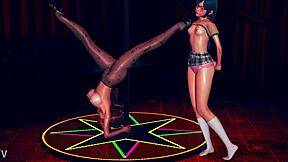 Suggestive busty step mom in pantyhose teases shy teen daughter with striptease at work in 3D cartoon