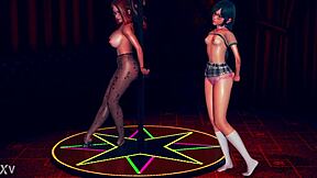 Suggestive busty step mom in pantyhose teases shy teen daughter with striptease at work in 3D cartoon