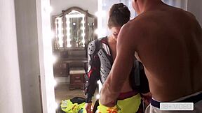 This athletic teen 18+ couple gets horny for hot sex in a motorcycle, with blowjob and cumshot swallow in a comic twist.