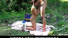 Young French brunette with amazing natural tits gets fingered licked and fucked hard in forest