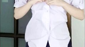 teen student in uniform films playful clip outdoors for quick cash exchange