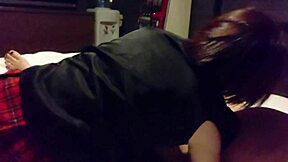 subtle hints of this cute asian couple in bed with japanese maid uniform kissing and foot fetish licking