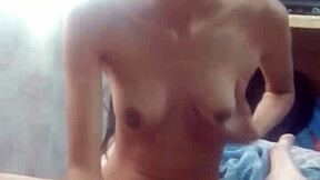 slutty step daughter strips for daddy, plays with tiny 18+ tits, gives handjob then rides his cock in hottest homemade video