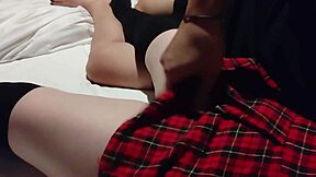 subtle hints of this cute asian couple in bed with japanese maid uniform kissing and foot fetish licking