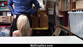 Suspect Riley Star caught shoplifting on CCTV gets strip searched and rides cowgirl in office domination sex.
