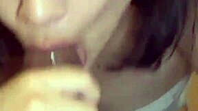 Exotic Brunette Babe Gives First Time Homemade Blowjob in Bedroom, Sucking My Cock Hard with Cute Licks