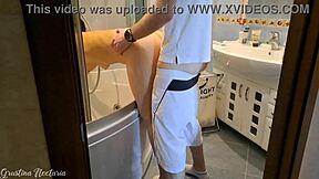 Brunette girl next door with long hair and natural tits moans loud during doggystyle fucking in bath by neighbor's big cock.