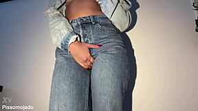 cute latina neighbor girl soaks her jeans peeing desperately closeup homemade fetish