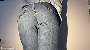 cute latina neighbor girl soaks her jeans peeing desperately closeup homemade fetish