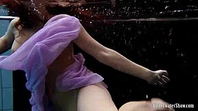 Hey blackhaired Aneta strips bikini pool underwater nudist fun