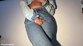 cute latina neighbor girl soaks her jeans peeing desperately closeup homemade fetish