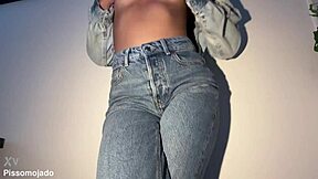 cute latina neighbor girl soaks her jeans peeing desperately closeup homemade fetish