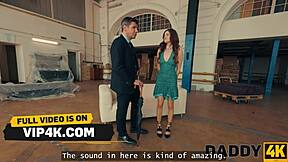 daddy spots son's skinny girlfriend on sofa and rides her shaved pussy reverse cowgirl style