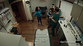 Patient's POV watches Alexa Rydell handcuff and strip-search Maria Santos