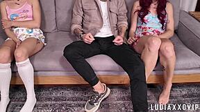 pervy stepdad rips clothes uses wet teen stepdaughter pussy next to shy twin sis dripping