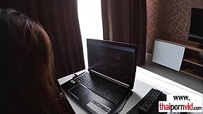 Thai teen cherry samples delivery boy's thick white cock pov?