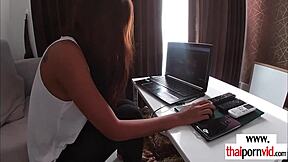 Thai teen cherry samples delivery boy's thick white cock pov?