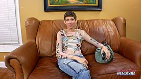 short haired brunette unity's mouth and pussy get pounded then she swallows cum